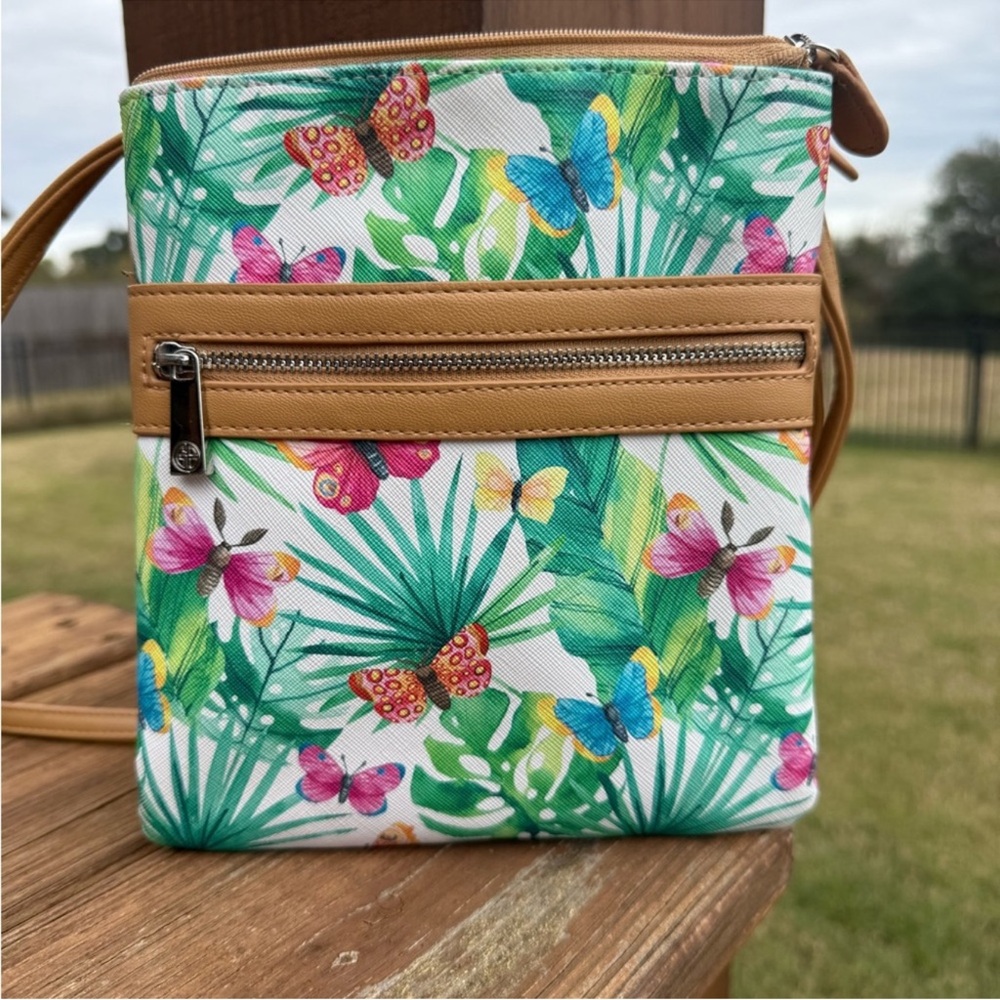 Giani Bernini Tropical Butterfly Crossbody Bag in Green, Pink & Tan NWOT